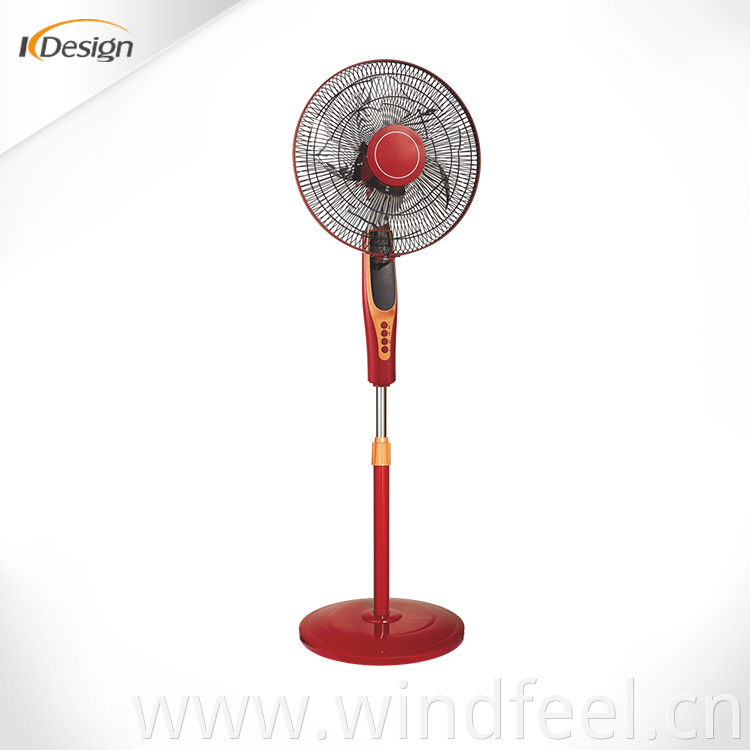 Red cheap powerful wind standing fan 16 inch no noise plastic blade standing fans for house with timer and remote control
